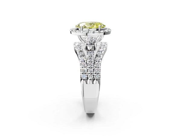 White gold Halo Fancy Yellow Oval Cut Cut Split Shank Diamond Ring with Four-Prong Setting