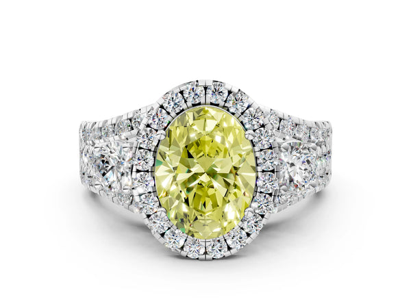 White gold Halo Fancy Yellow Oval Cut Cut Split Shank Diamond Ring with Four-Prong Setting