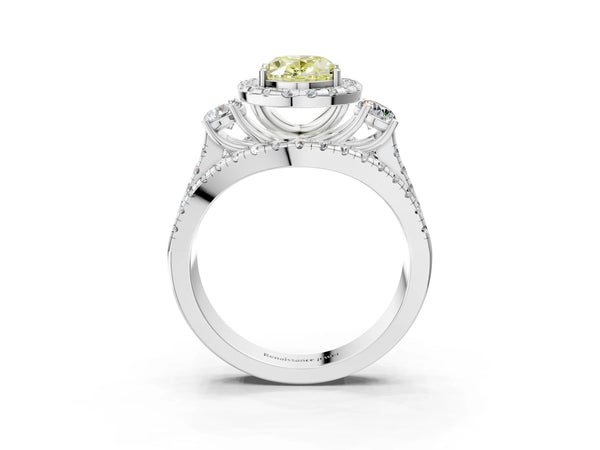 White gold Halo Fancy Yellow Oval Cut Cut Split Shank Diamond Ring with Four-Prong Setting