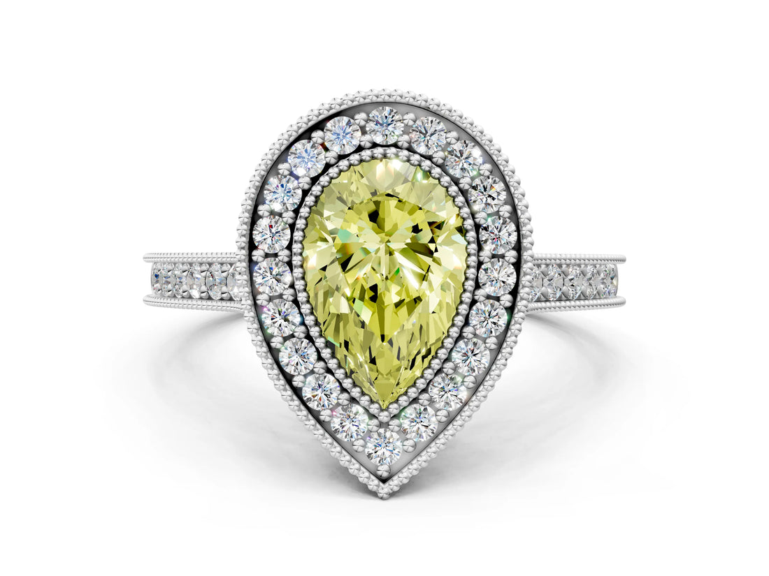 White gold Halo Fancy Yellow Pear -Cut Diamond Pave Band Milgrain Prong Setting Ring_55