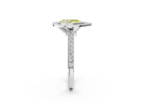 White gold Halo Fancy Yellow Pear -Cut Diamond Pave Band Milgrain Prong Setting Ring