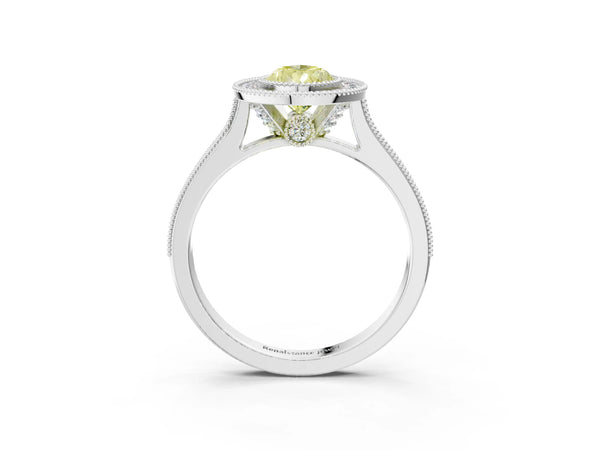 White gold Halo Fancy Yellow Pear -Cut Diamond Pave Band Milgrain Prong Setting Ring