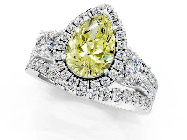 White gold Halo Fancy Yellow Pear Cut Cut Split Shank Diamond Ring with Four-Prong Setting