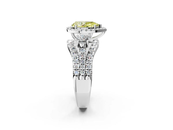 White gold Halo Fancy Yellow Pear Cut Cut Split Shank Diamond Ring with Four-Prong Setting