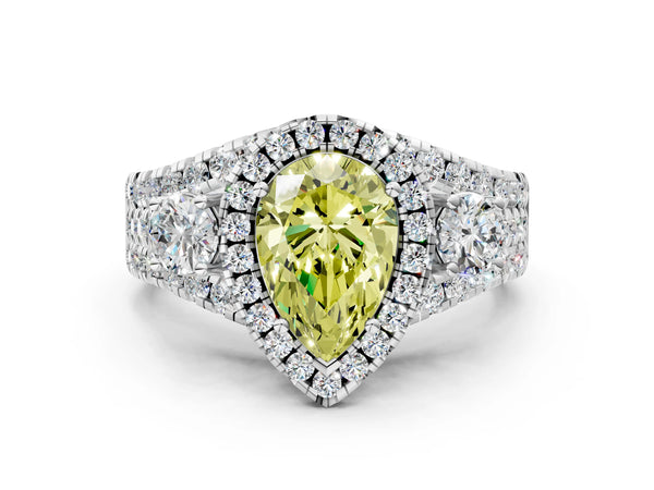 White gold Halo Fancy Yellow Pear Cut Cut Split Shank Diamond Ring with Four-Prong Setting