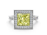 White gold Halo Fancy Yellow Princess -Cut Diamond Pave Band Milgrain Prong Setting Ring_33