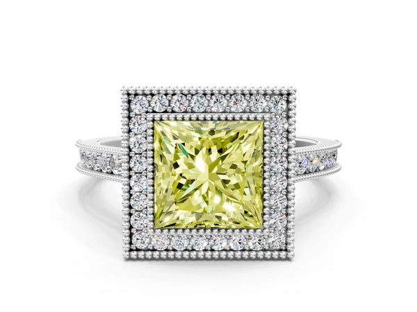 White Gold Princess Cut Milgrain Halo Bezel Engagement Ring Setting for Fancy Yellow Center