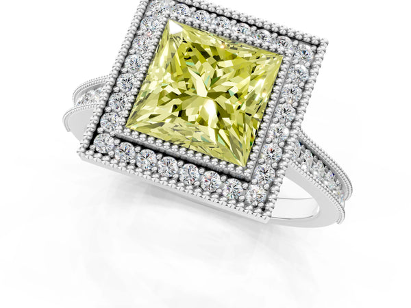 White Gold Princess Cut Milgrain Halo Bezel Engagement Ring Setting for Fancy Yellow Center
