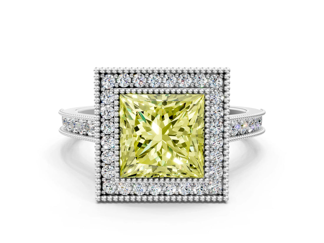 White gold Halo Fancy Yellow Princess -Cut Diamond Pave Band Milgrain Prong Setting Ring_35