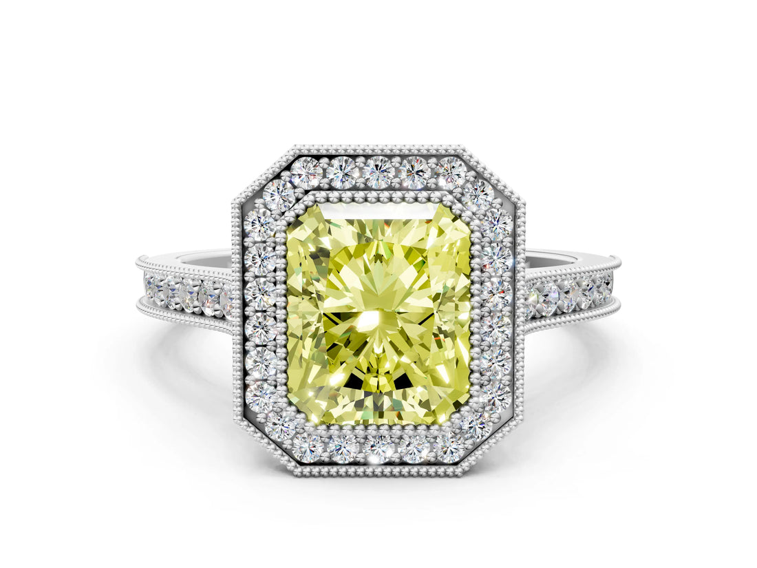 White gold Halo Fancy Yellow Radiant -Cut Diamond Pave Band Milgrain Prong Setting Ring_56