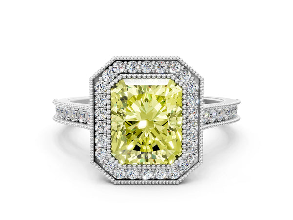 Platinum Halo Fancy Yellow Radiant -Cut Diamond Pave Band Milgrain Prong Setting Ring