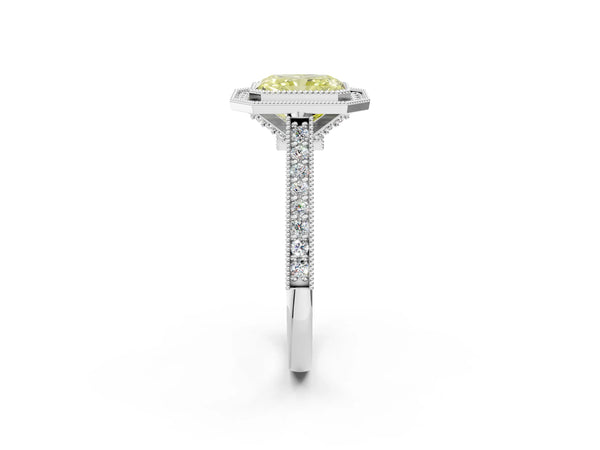 Platinum Halo Fancy Yellow Radiant -Cut Diamond Pave Band Milgrain Prong Setting Ring