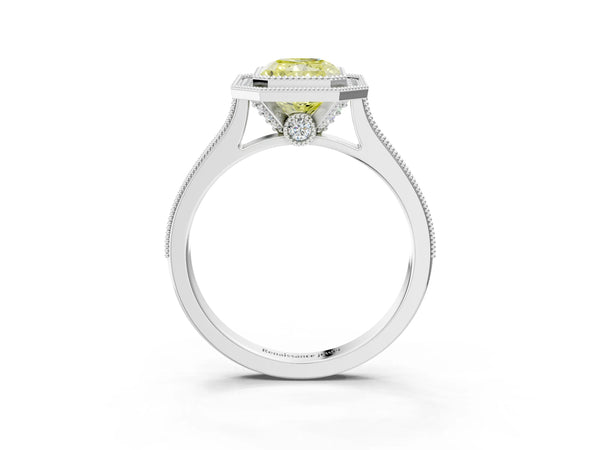 Platinum Halo Fancy Yellow Radiant -Cut Diamond Pave Band Milgrain Prong Setting Ring