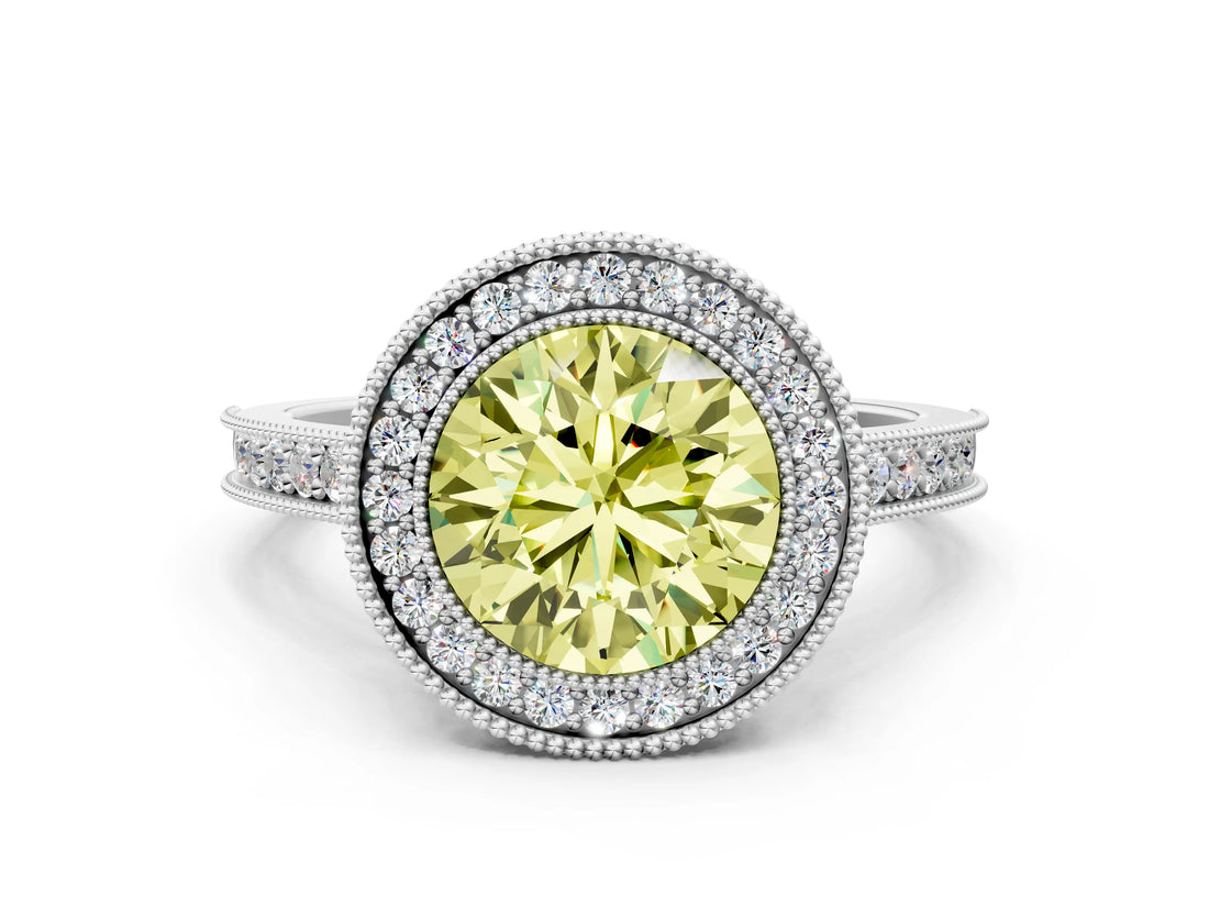 White gold Halo Fancy Yellow Round -Cut Diamond Pave Band Milgrain Prong Setting Ring_34