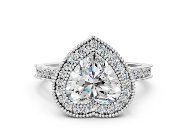 Platinum Heart-Shaped Vintage Milgrain Halo Engagement Ring Setting with Bezel Head