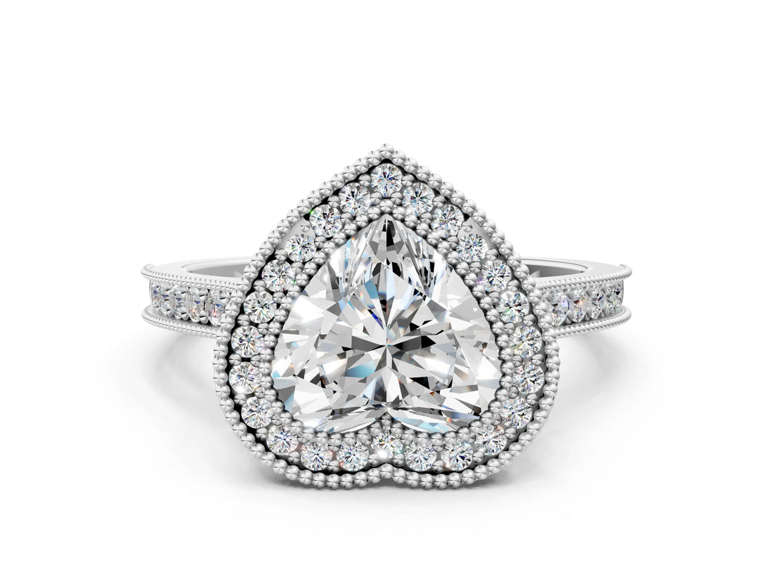 White gold Halo Heart-Cut Diamond Pave Band Milgrain Prong Setting Ring_49
