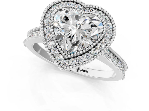 Platinum Heart-Shaped Vintage Milgrain Halo Engagement Ring Setting with Bezel Head