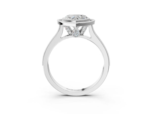 White Gold Heart-Shaped Vintage Milgrain Halo Engagement Ring Setting with Bezel Head