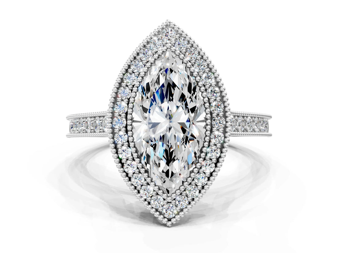 White gold Halo Marquise-Cut Diamond Pave Band Milgrain Prong Setting Ring_49