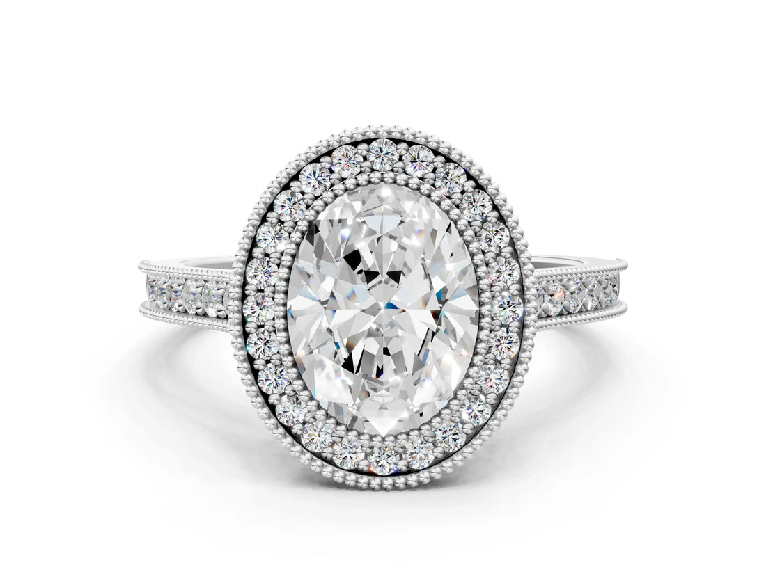 White gold Halo Oval-Cut Diamond Pave Band Milgrain Prong Setting Ring_49