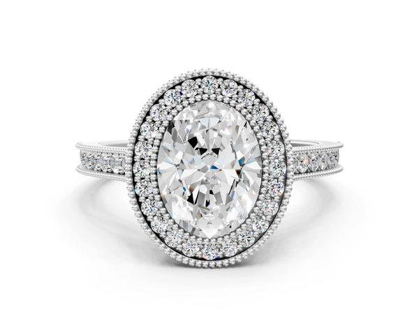 White gold Halo Oval-Cut Diamond Pave Band Milgrain Prong Setting Ring