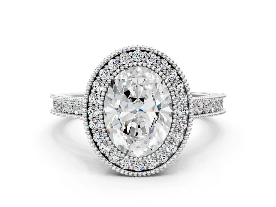 White gold Halo Oval-Cut Diamond Pave Band Milgrain Prong Setting Ring