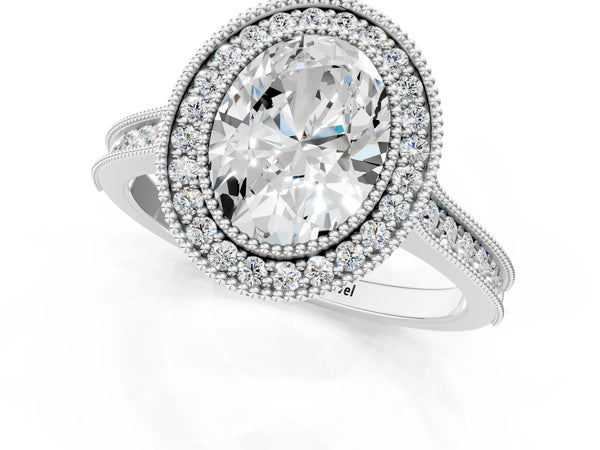 White gold Halo Oval-Cut Diamond Pave Band Milgrain Prong Setting Ring