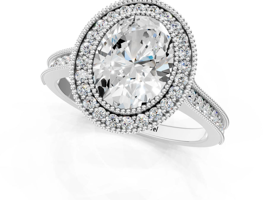White gold Halo Oval-Cut Diamond Pave Band Milgrain Prong Setting Ring