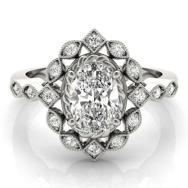 White gold Halo Oval Diamond Milgrain Infinity Band with Four-Prong Setting