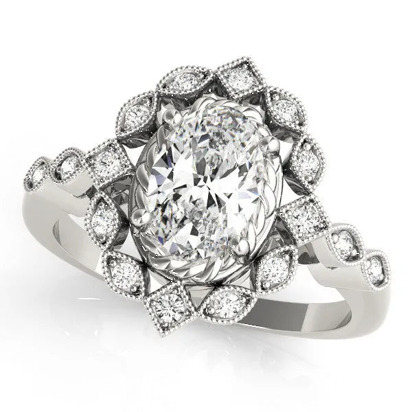 White gold Halo Oval Diamond Milgrain Infinity Band with Four-Prong Setting