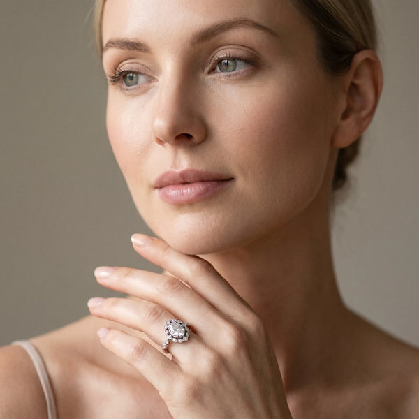 White gold Halo Oval Diamond Milgrain Infinity Band with Four-Prong Setting