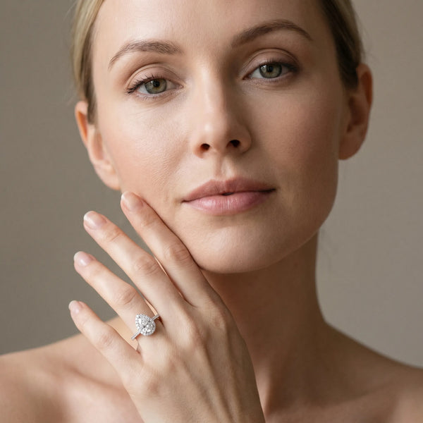 White gold Halo Pear Cut Diamond Pavé Band with Three-Prong Setting