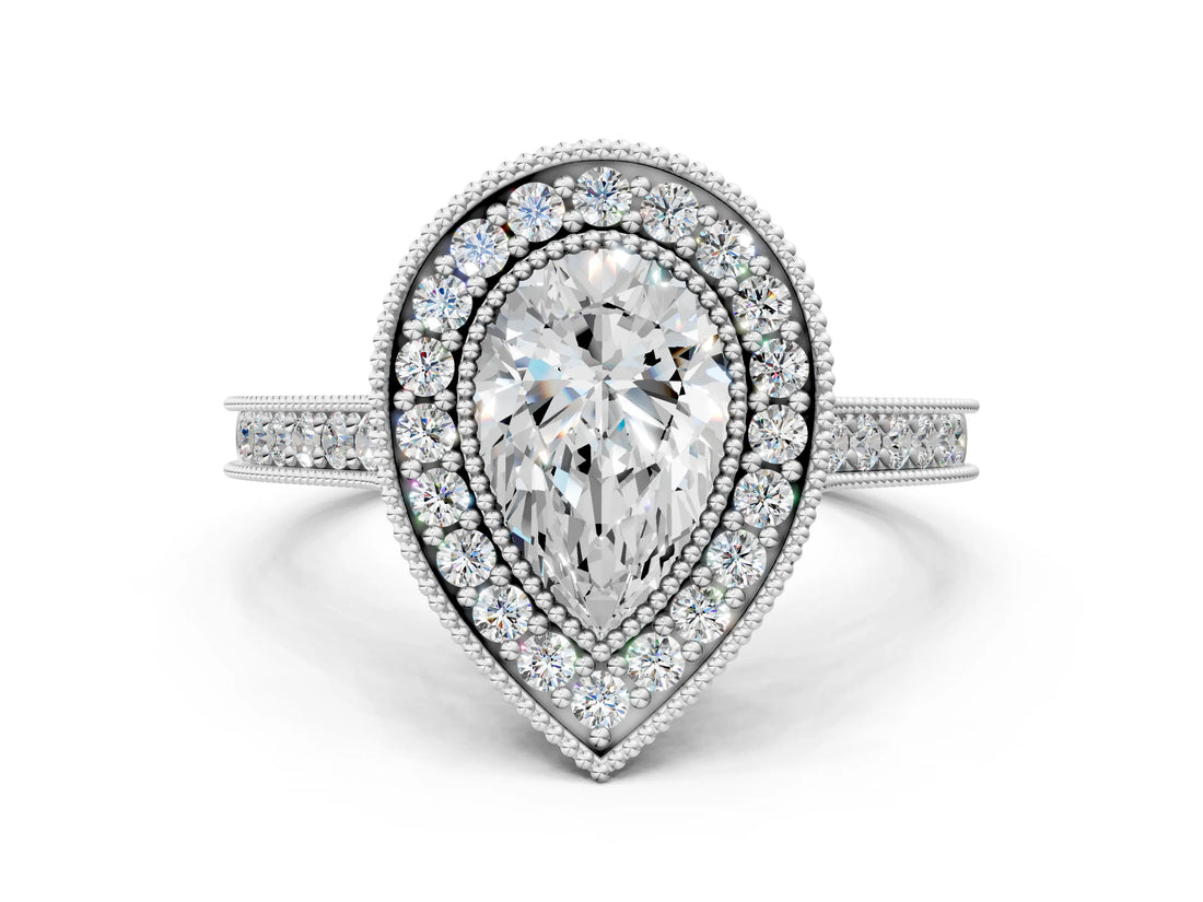 White gold Halo Pear-Cut Diamond Pave Band Milgrain Prong Setting Ring_102