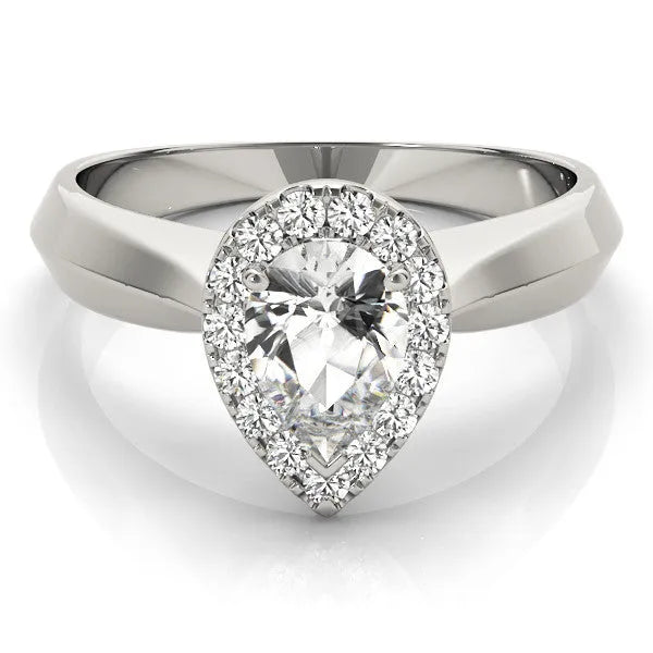 White gold Halo Pear Cut Solitaire Diamond Ring with Prong Setting