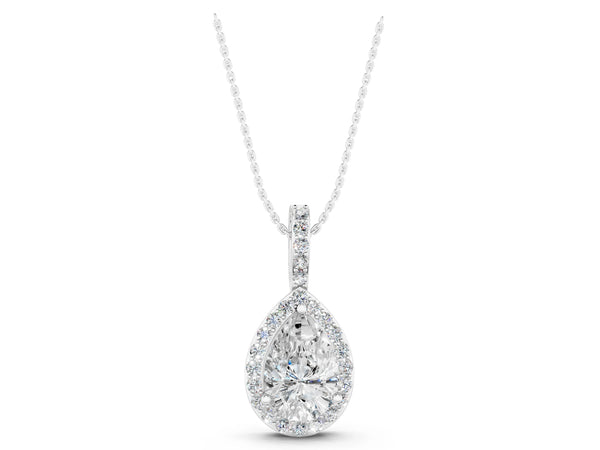 White gold Halo Pear Diamond Pendant with Prong Setting