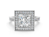 White gold Halo Princess-Cut Diamond Pave Band Milgrain Prong Setting Ring_49