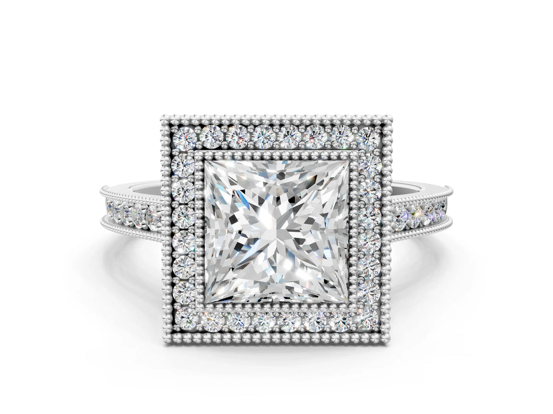 White gold Halo Princess-Cut Diamond Pave Band Milgrain Prong Setting Ring_53