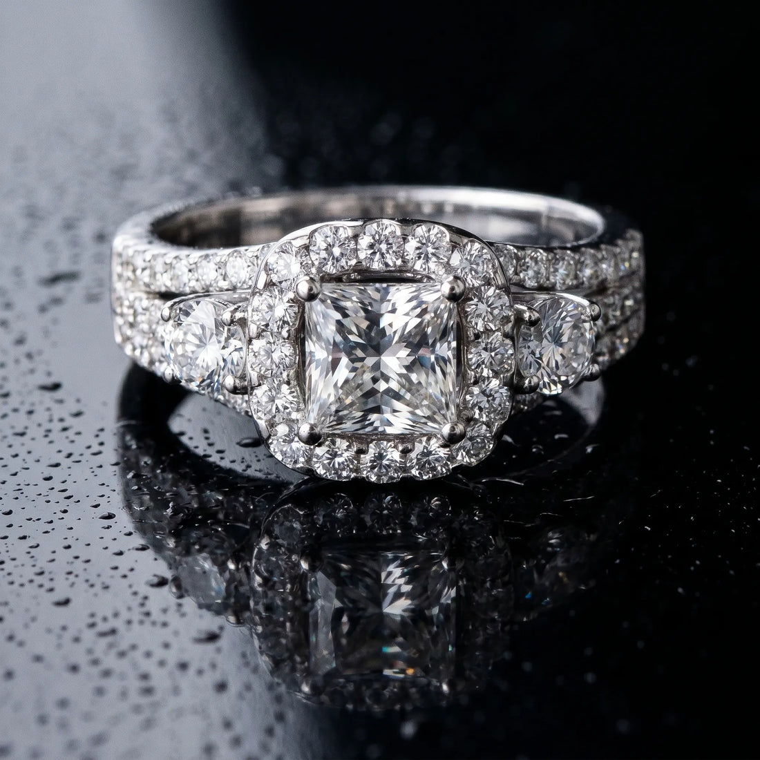 White gold Halo Princess Cut Split Shank Diamond Ring with Four-Prong Setting_24