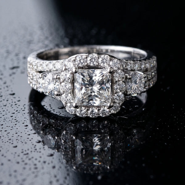 White gold Halo Princess Cut Split Shank Diamond Ring with Four-Prong Setting