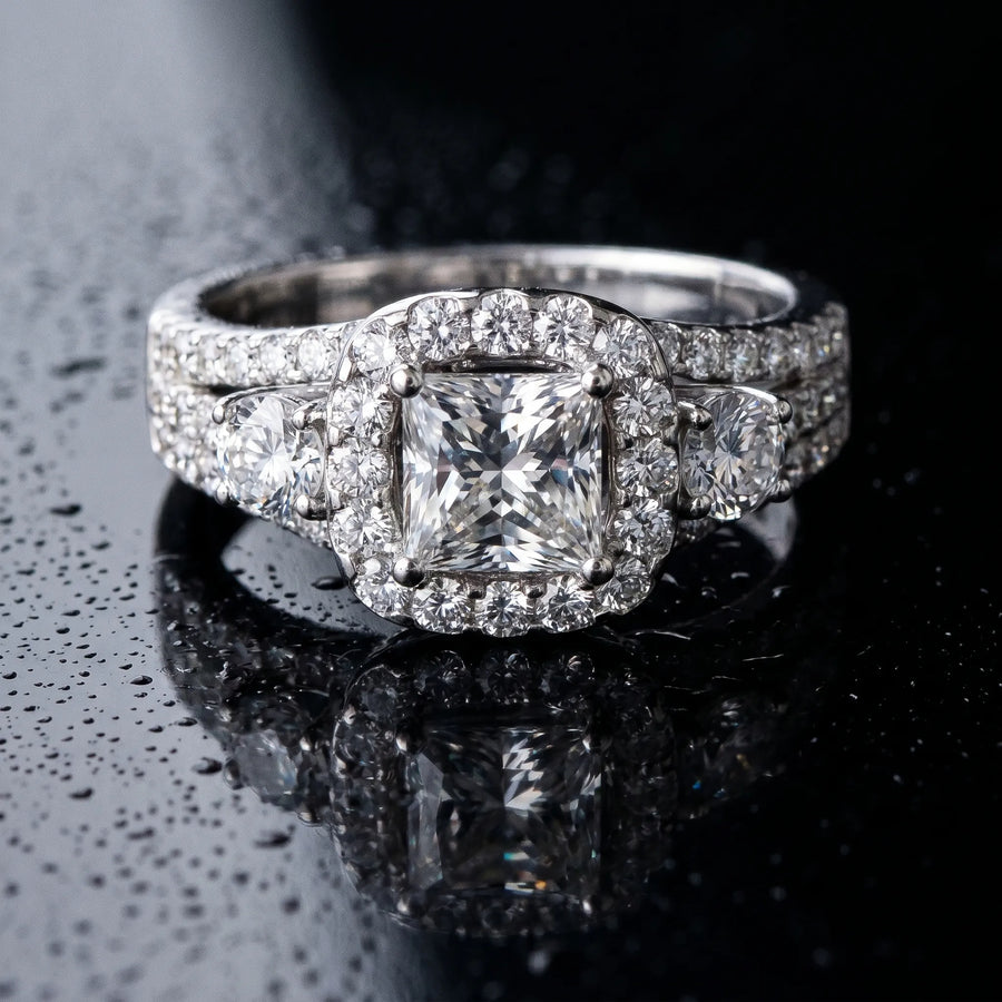 White gold Halo Princess Cut Split Shank Diamond Ring with Four-Prong Setting