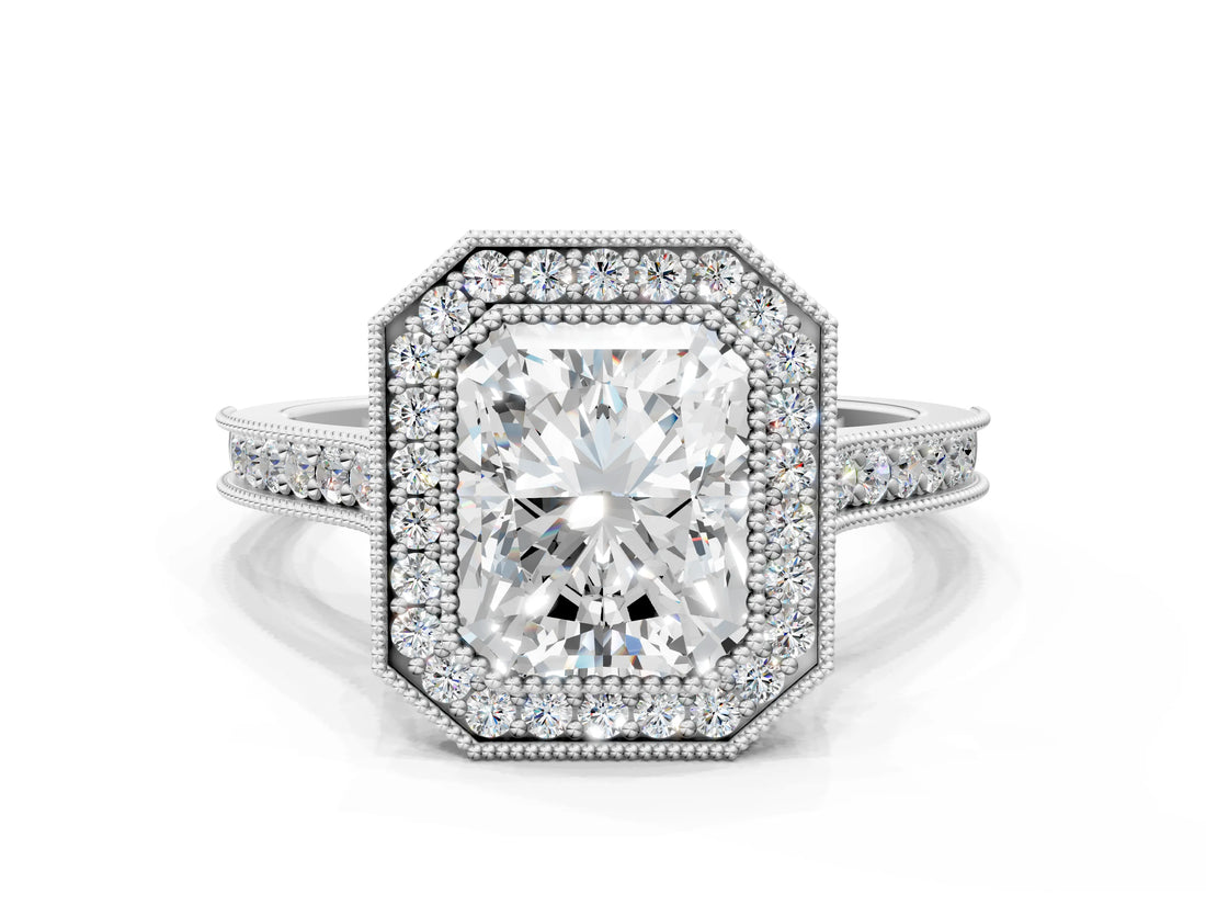 White gold Halo Radiant-Cut Diamond Pave Band Milgrain Prong Setting Ring_49