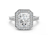 White gold Halo Radiant-Cut Diamond Pave Band Milgrain Prong Setting Ring_49