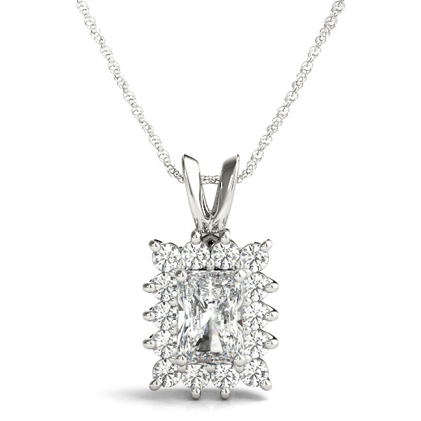White gold Halo Radiant Cut Diamond Pendant with Prong Setting