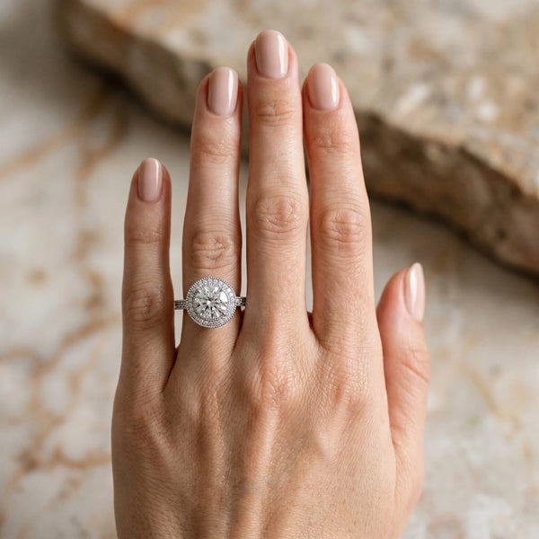 White gold Halo Round-Cut Diamond Pave Band Milgrain Prong Setting Ring