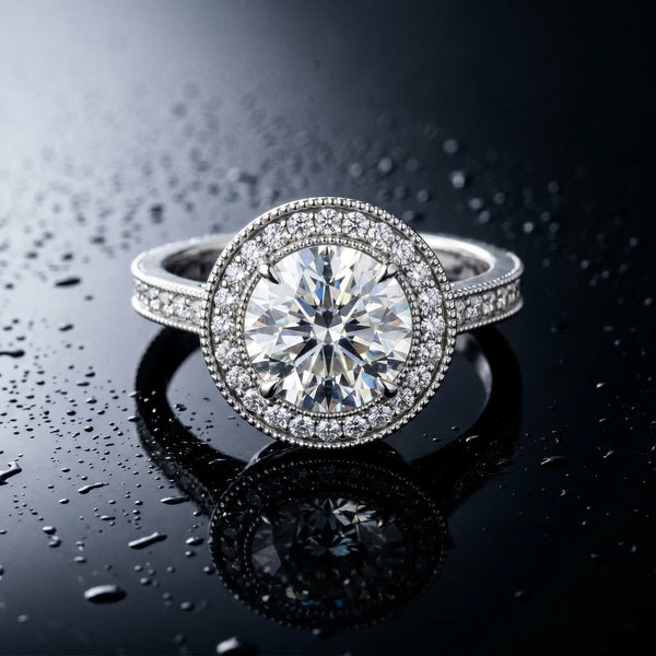 White gold Halo Round-Cut Diamond Pave Band Milgrain Prong Setting Ring