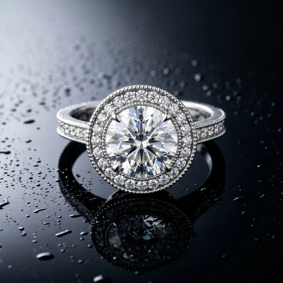 White gold Halo Round-Cut Diamond Pave Band Milgrain Prong Setting Ring