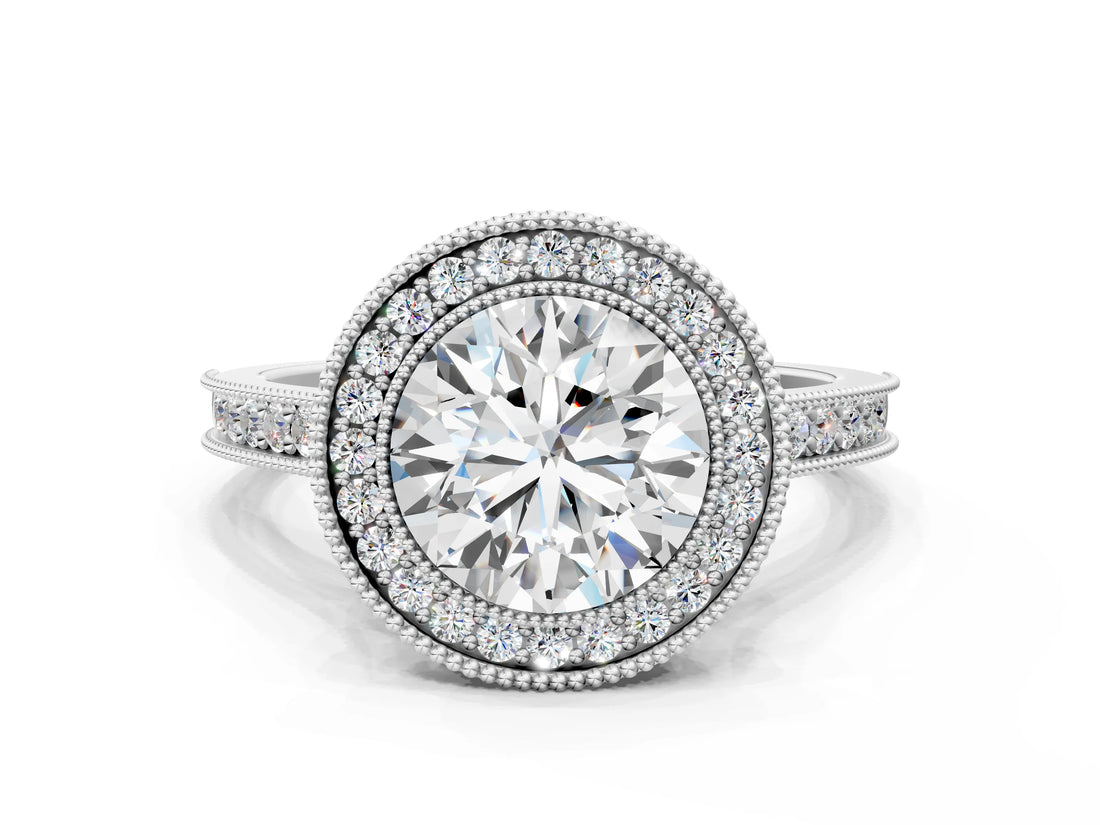 White gold Halo Round-Cut Diamond Pave Band Milgrain Prong Setting Ring_86
