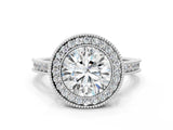 White gold Halo Round-Cut Diamond Pave Band Milgrain Prong Setting Ring_86