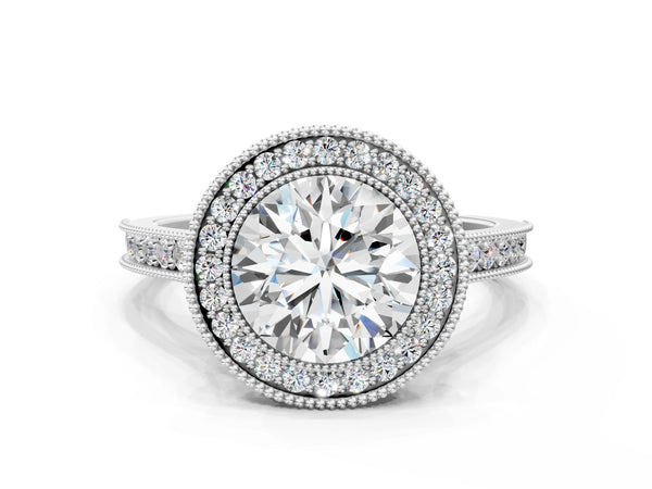 White gold Halo Round-Cut Diamond Pave Band Milgrain Prong Setting Ring