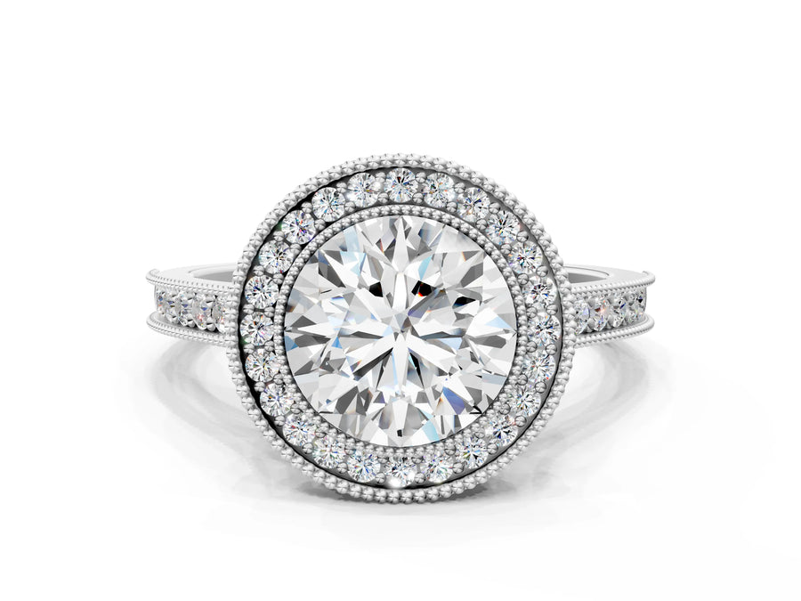 White gold Halo Round-Cut Diamond Pave Band Milgrain Prong Setting Ring